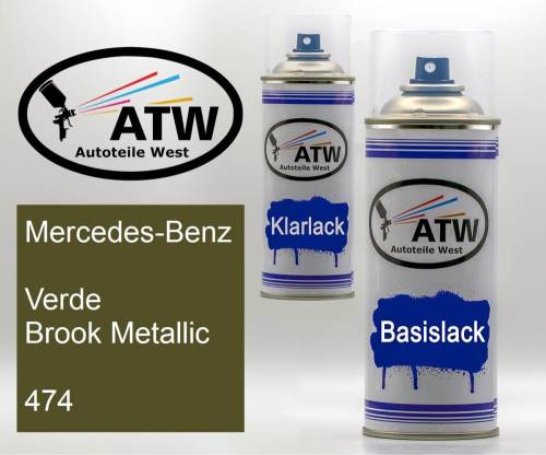 Mercedes-Benz, Verde Brook Metallic, 474: 400ml Sprühdose + 400ml Klarlack - Set, von ATW Autoteile West.